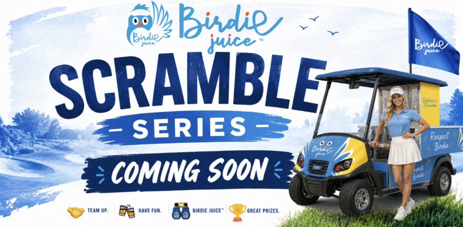 Birdie Juice Scramble Series launch artwork with the branded golf cart